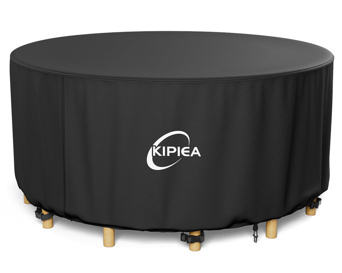 Kipiea front view of round table cover protecting outdoor furniture