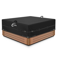 Kipiea front view of square hot tub cover protecting tub outdoors