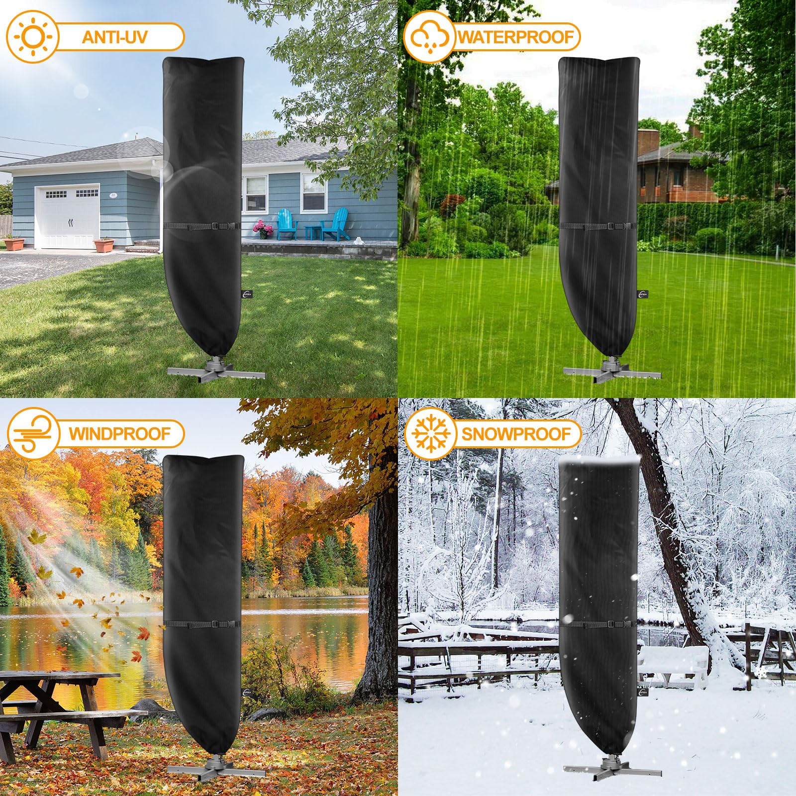 Kipiea shown beside a person for scale to confirm 9'–13' umbrella fit