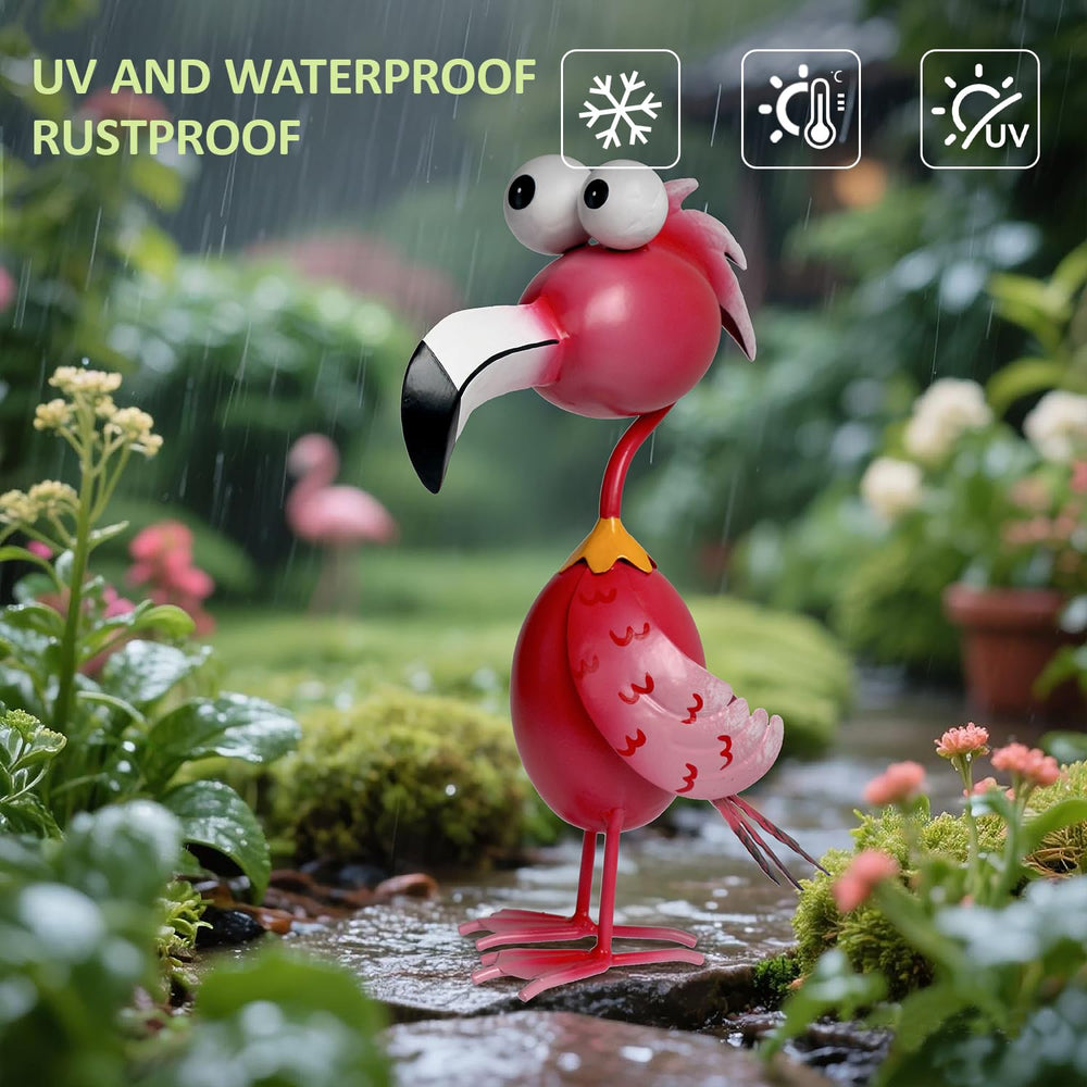Kircust flamingo placed in garden setting adding playful focal interest