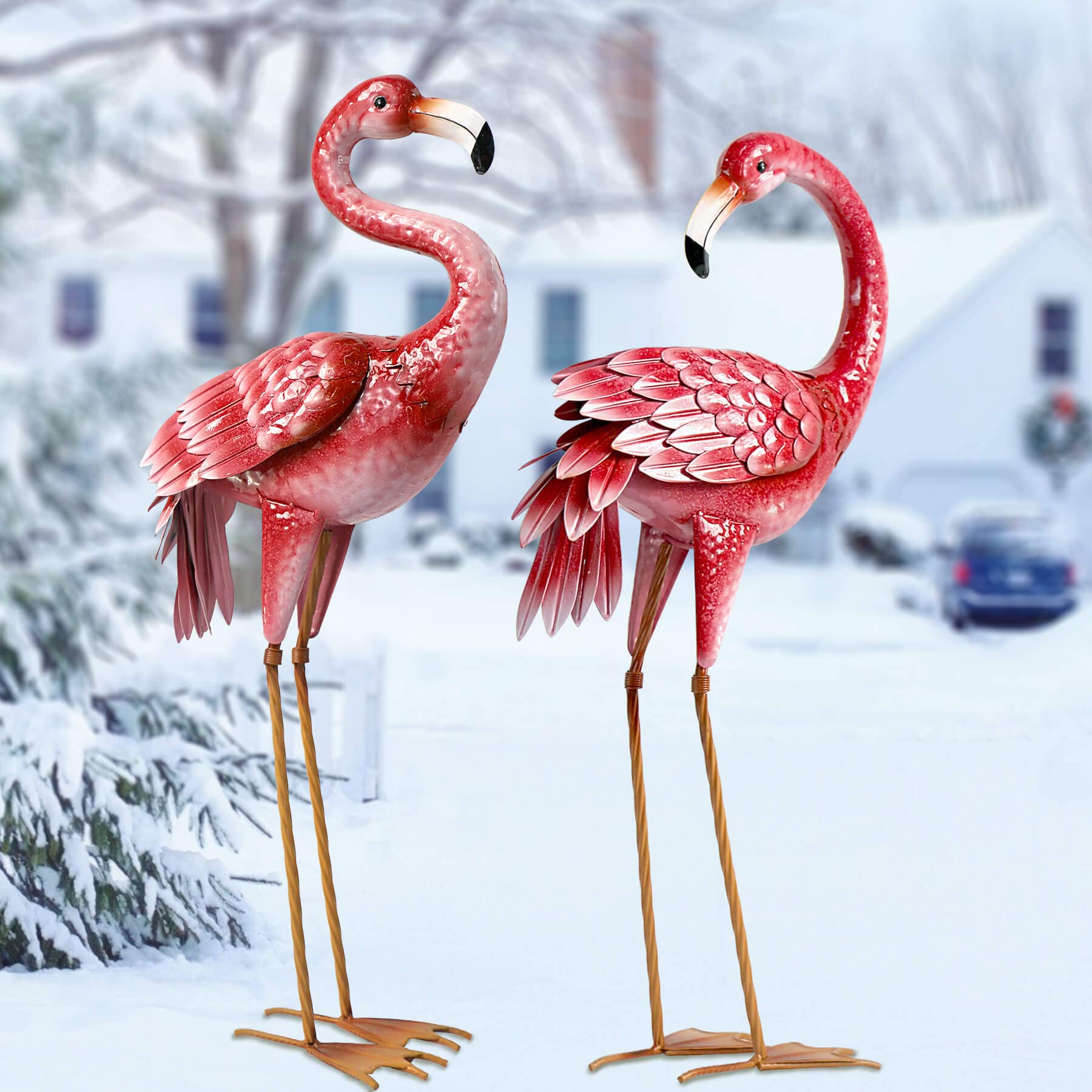 Kircust flamingo styled on a patio near furniture, elevates outdoor entertaining scenes