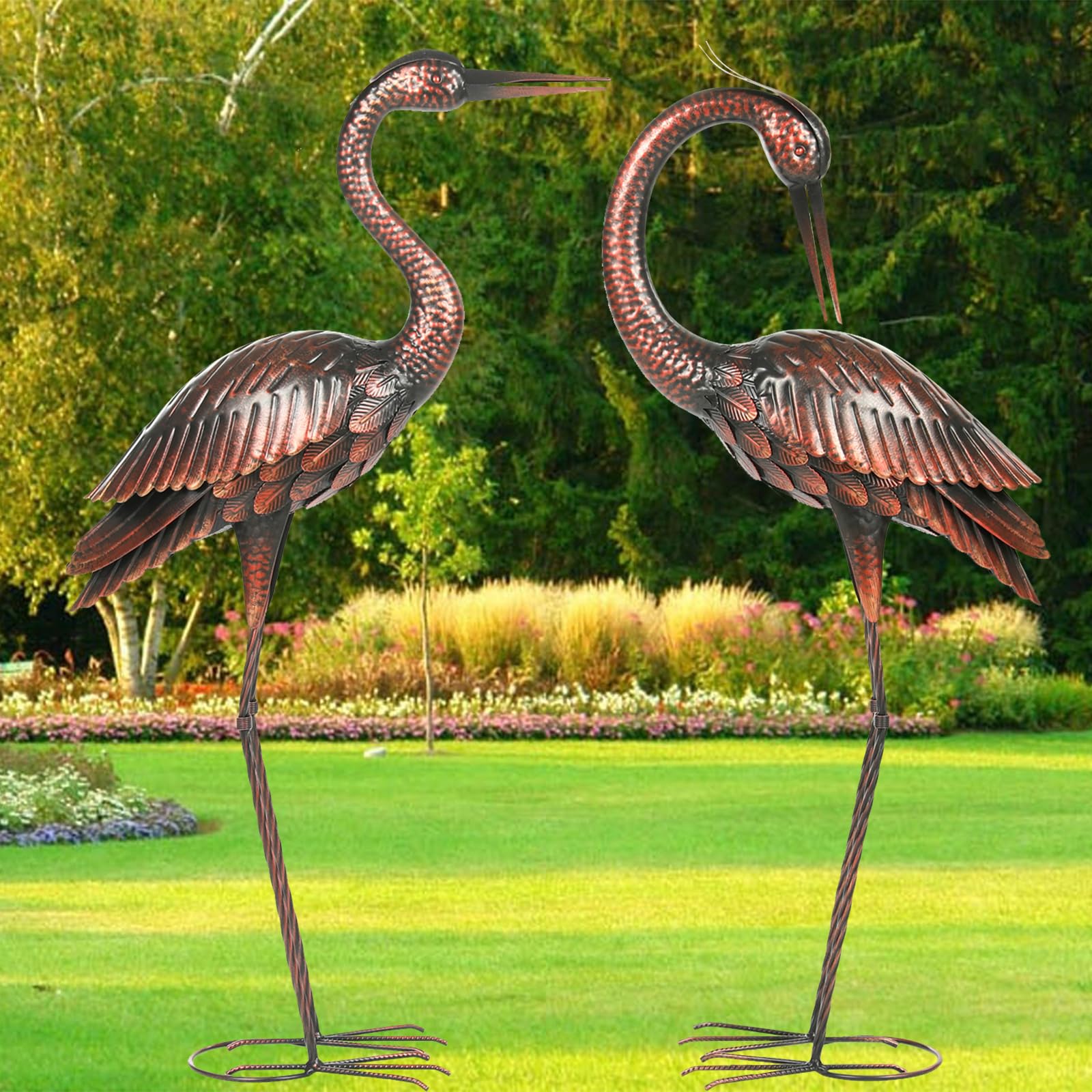 Kircust heron pair by pond illustrating decorative waterside placement