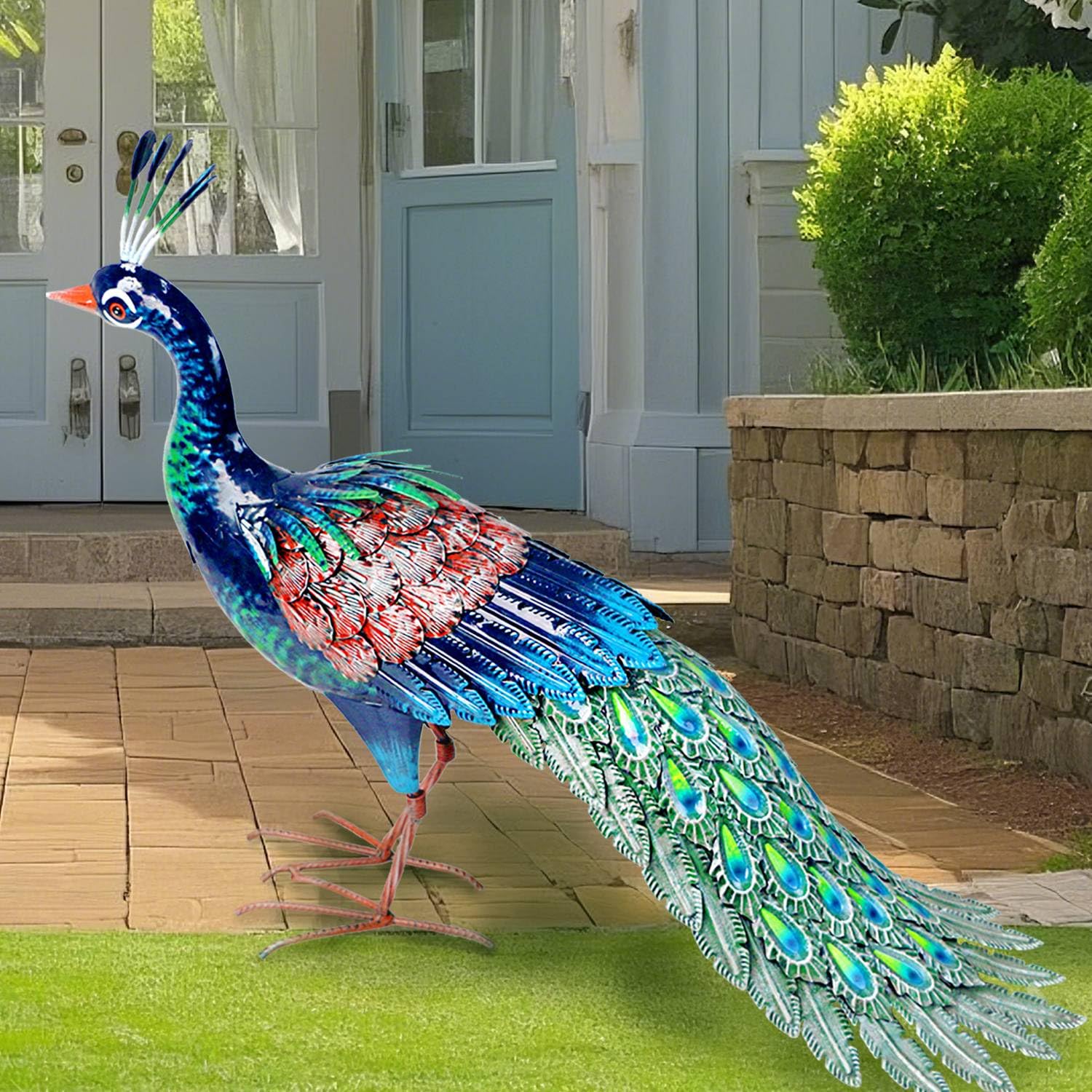 Kircust peacock mounted on patio showing stable base and easy display
