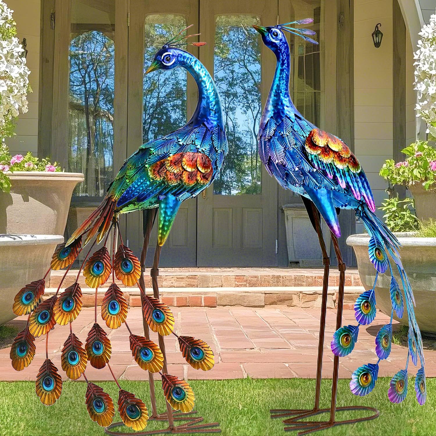 Kircust peacock pair on patio illustrating decorative curb appeal