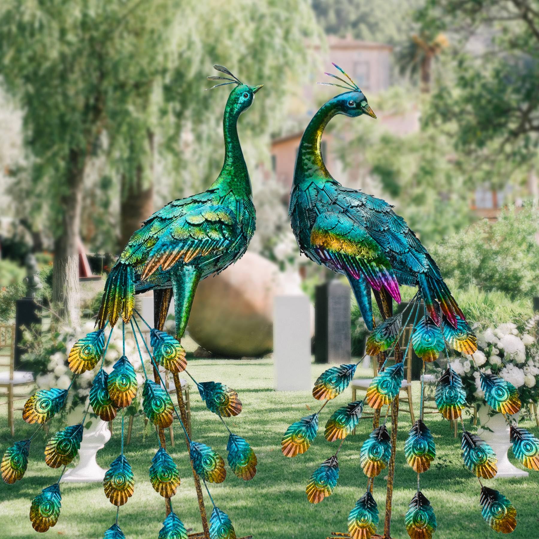 Kircust peacock pair staged on patio showing coordinated outdoor styling
