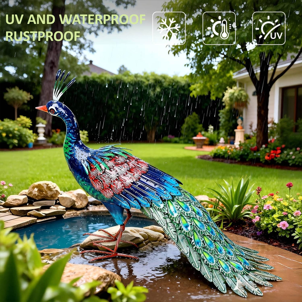 Kircust peacock side profile highlighting graceful posture and outdoor durability