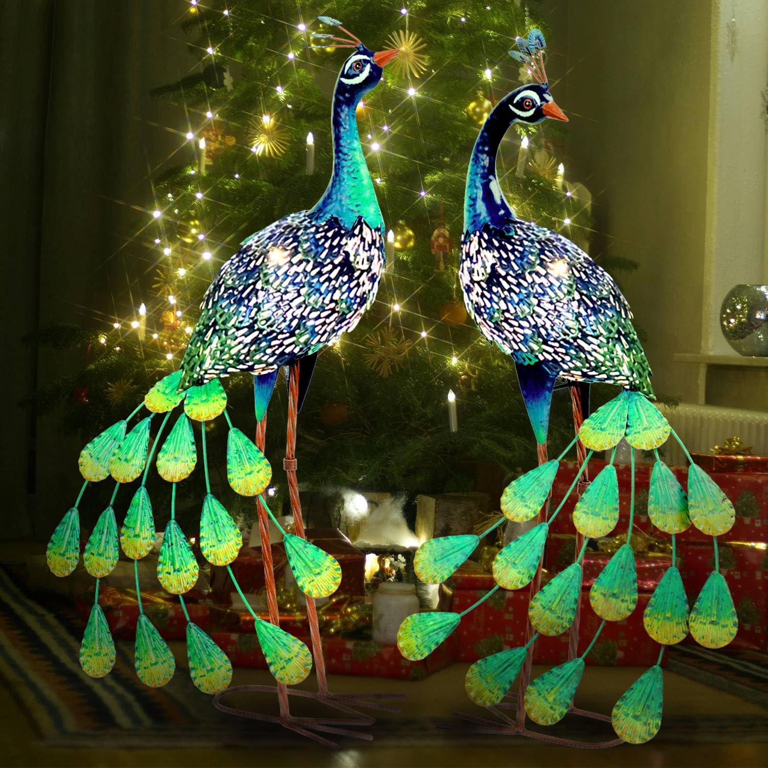 kircust peacocks glowing at night to provide ambient garden lighting