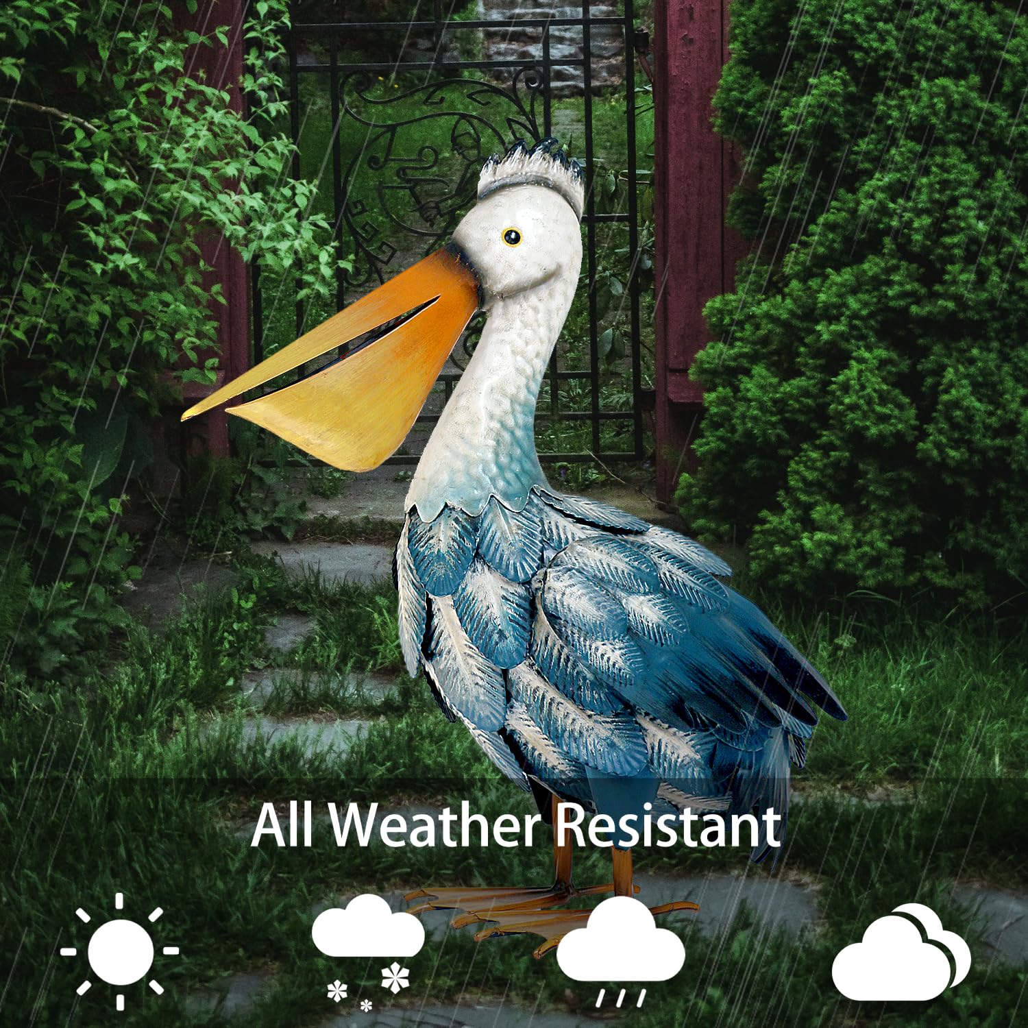 Kircust pelican placed in garden bed adding visual interest and charm