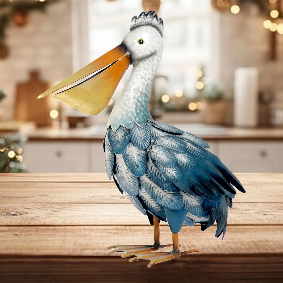 Kircust pelican beside pond enhancing waterside decor and ambiance