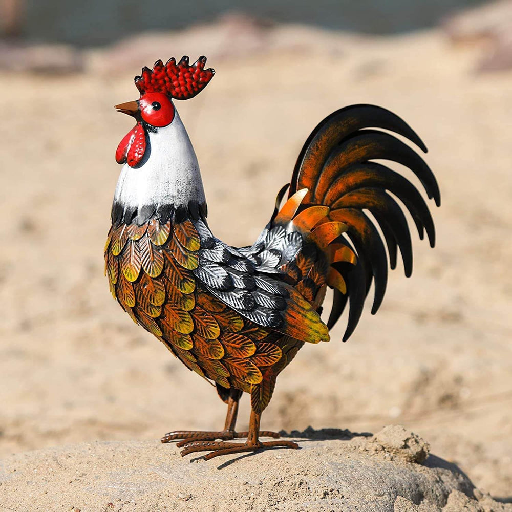Kircust rooster on patio table adding charm and atmosphere to outdoor seating