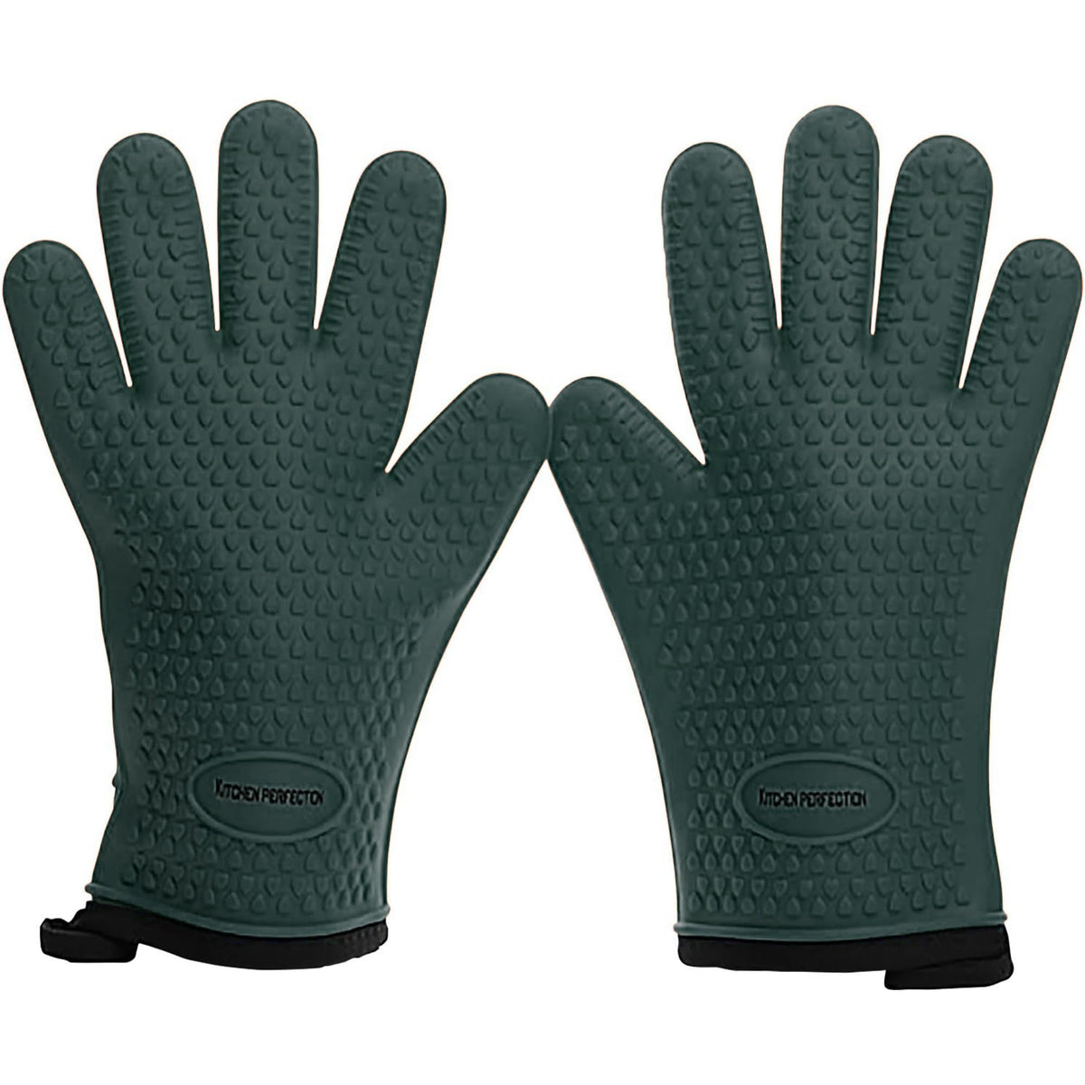 Kitchen Perfection front packaging showing XL silicone smoker BBQ gloves and included accessories for safe grilling
