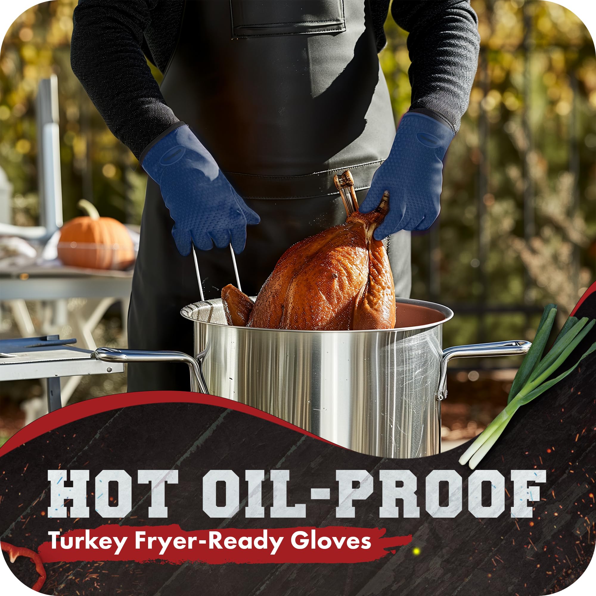 Kitchen Perfection gloves holding hot baking pan to show secure handling benefit