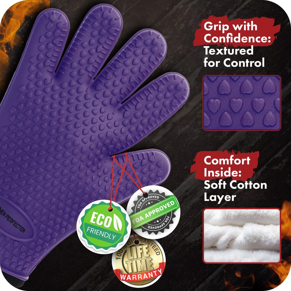 Kitchen Perfection gloves in use lifting hot grill grate demonstrating safe heat handling