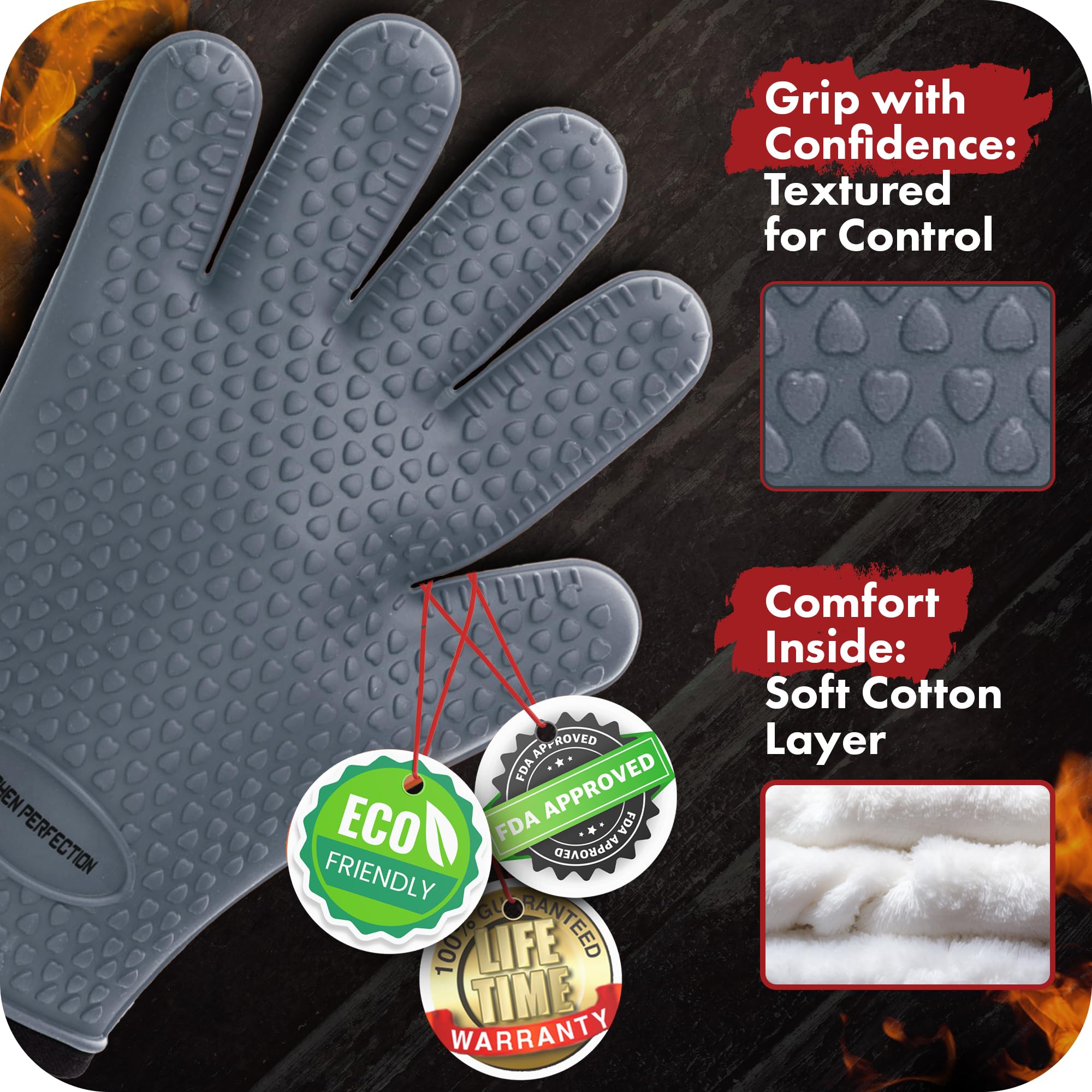 Kitchen Perfection gloves in use lifting a hot grill grate for safe handling