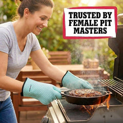 Kitchen Perfection gloves in use on grill for safe handling of hot racks