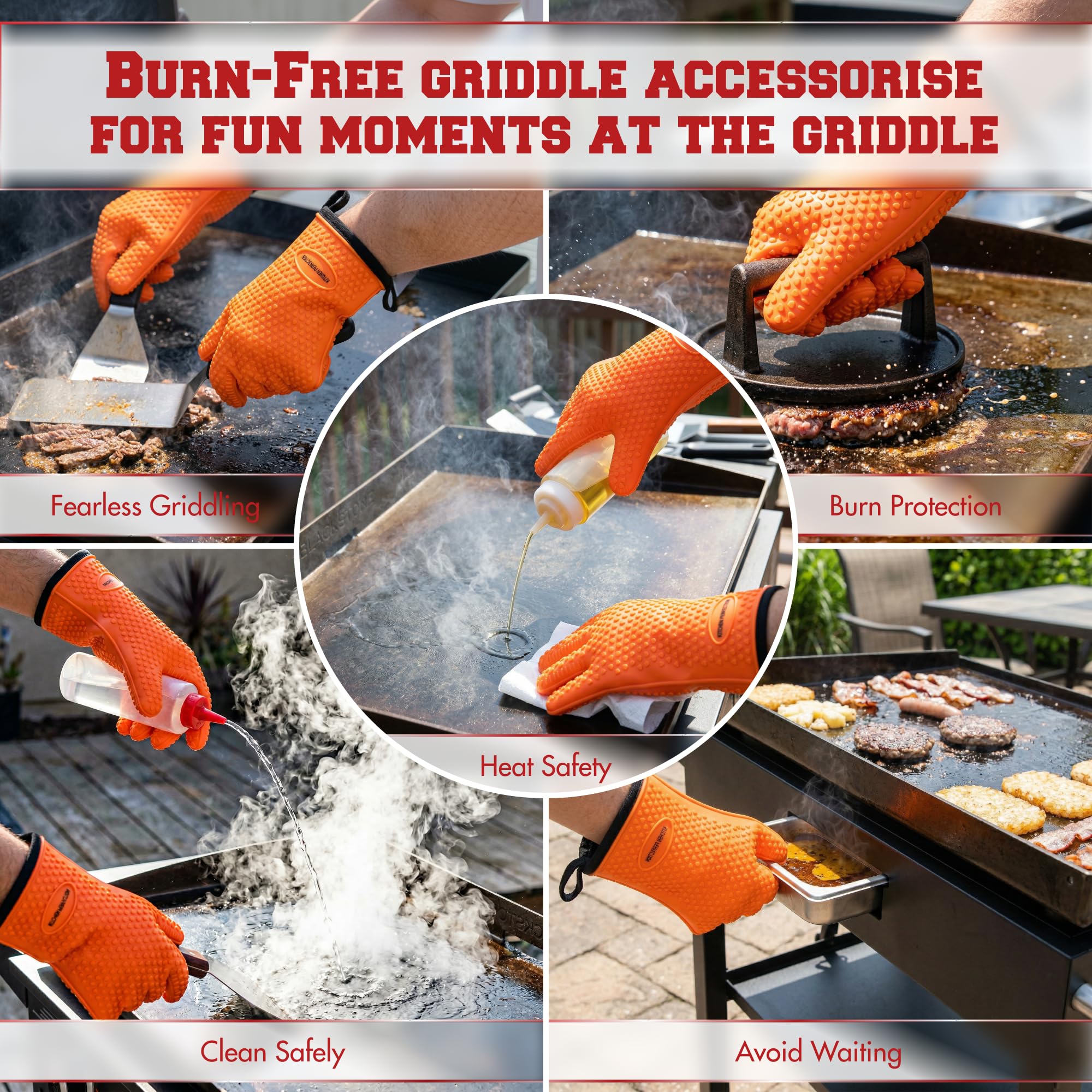 Kitchen Perfection gloves in use on a flat top griddle showing heat protection benefit