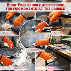 Kitchen Perfection gloves in use on a flat top griddle showing heat protection benefit