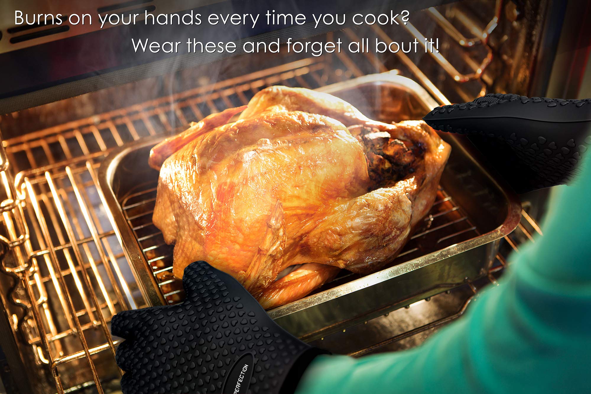 Kitchen Perfection gloves removing a hot oven pan for safe transfer benefit