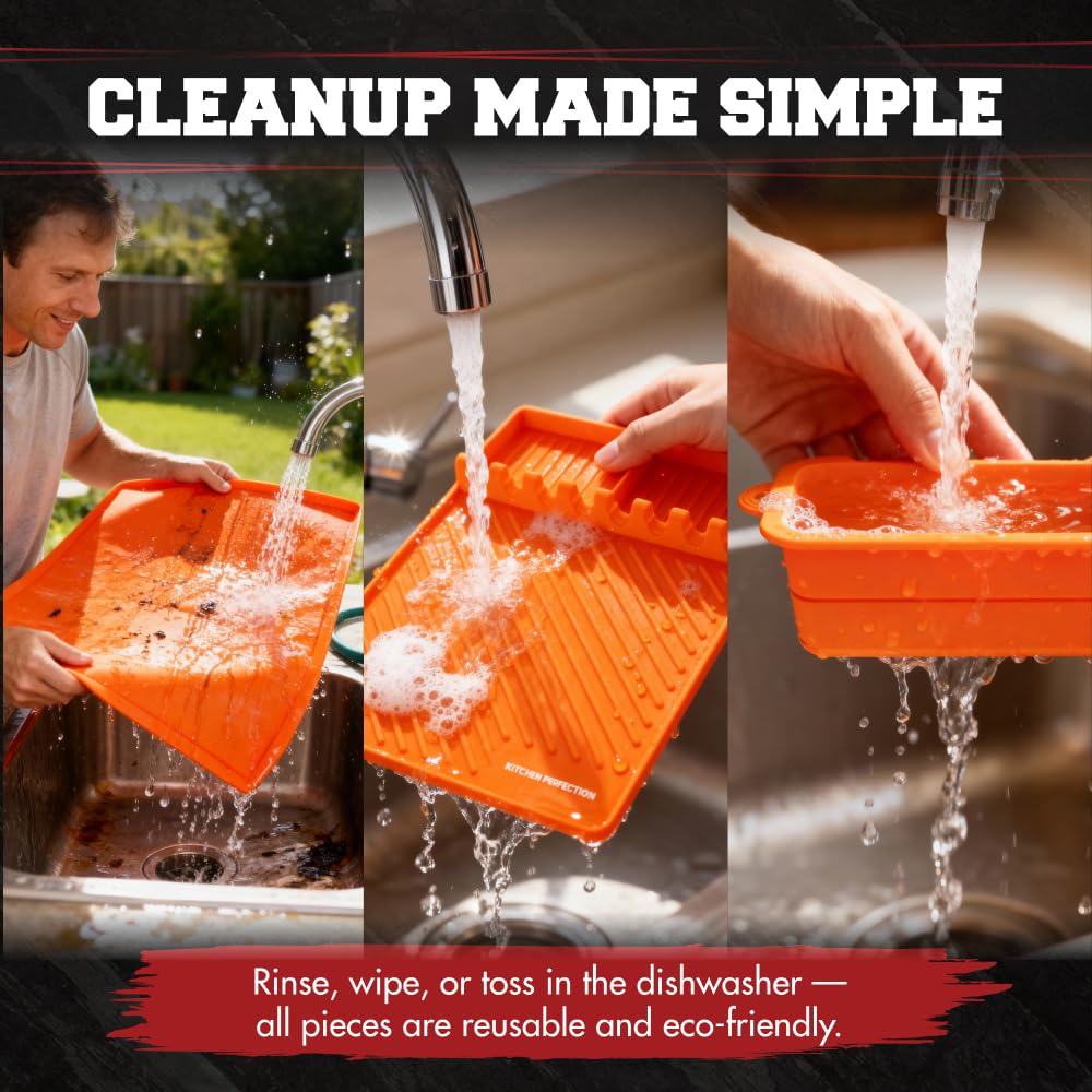 Kitchen Perfection grease cup liners and spatula mat organized for tidy grilling