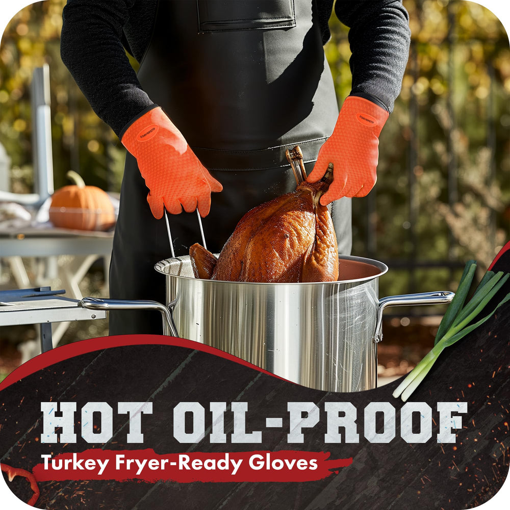 Kitchen Perfection glove grasping a sizzling pan to protect hands from burns