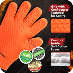 Kitchen Perfection glove in use lifting a smoker rack for safe hot-handling