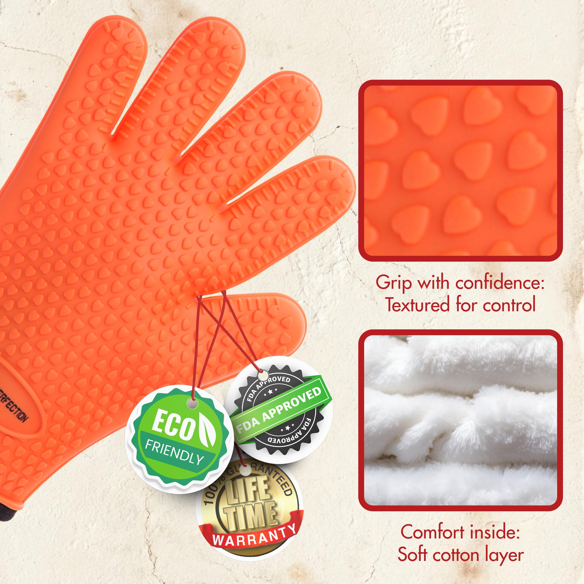 Kitchen Perfection glove in use with pizza peel demonstrating precise control