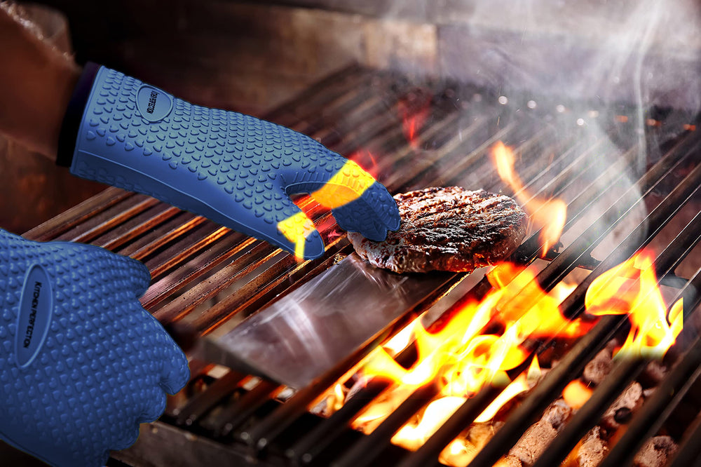 Kitchen Perfection gloves in backyard BBQ lifestyle scene showing safe grilling