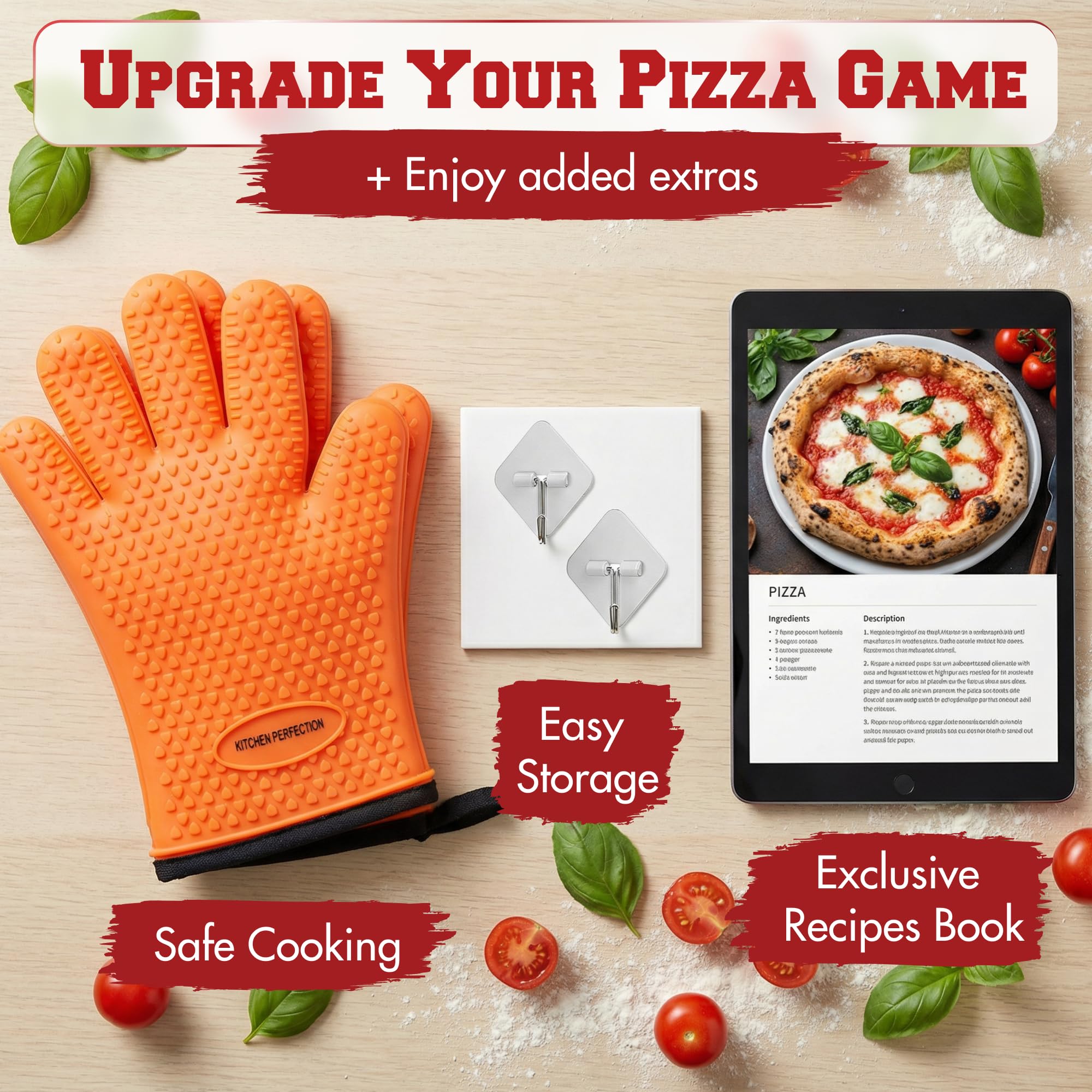 Kitchen Perfection gloves beside outdoor pizza oven illustrating real-use benefit