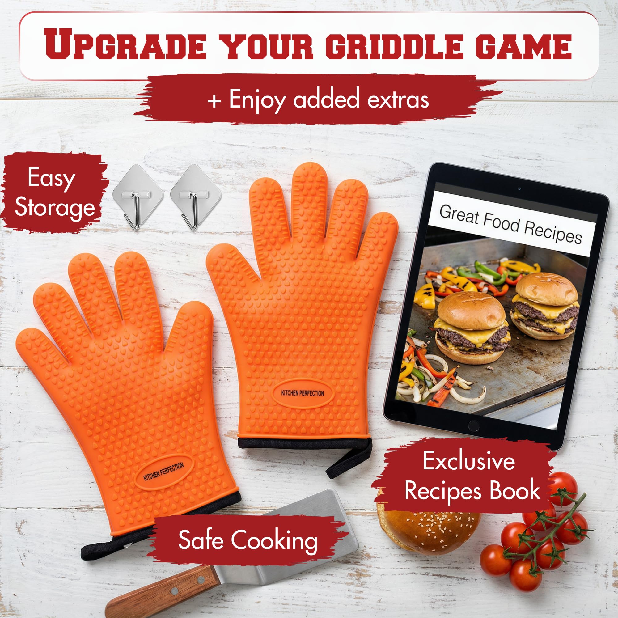 Kitchen Perfection gloves beside ruler for scale that shows full 11-inch coverage benefit