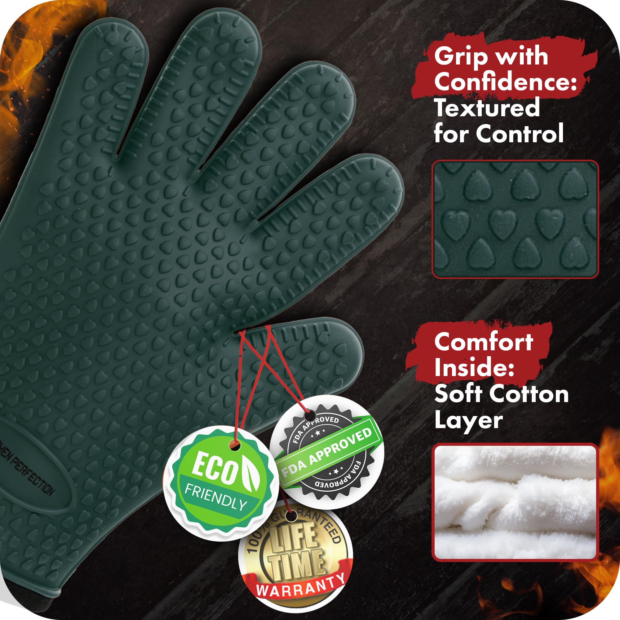 Kitchen Perfection close-up of silicone texture offering non-slip grip for secure handling of hot items