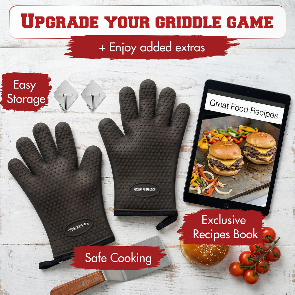 Kitchen Perfection gloves next to hand to show 11-inch size and coverage