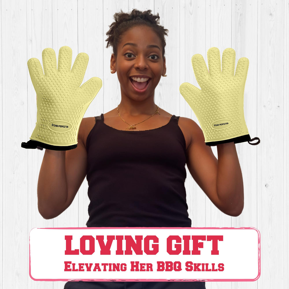 Kitchen Perfection glove next to adult hand showing one-size fit comparison