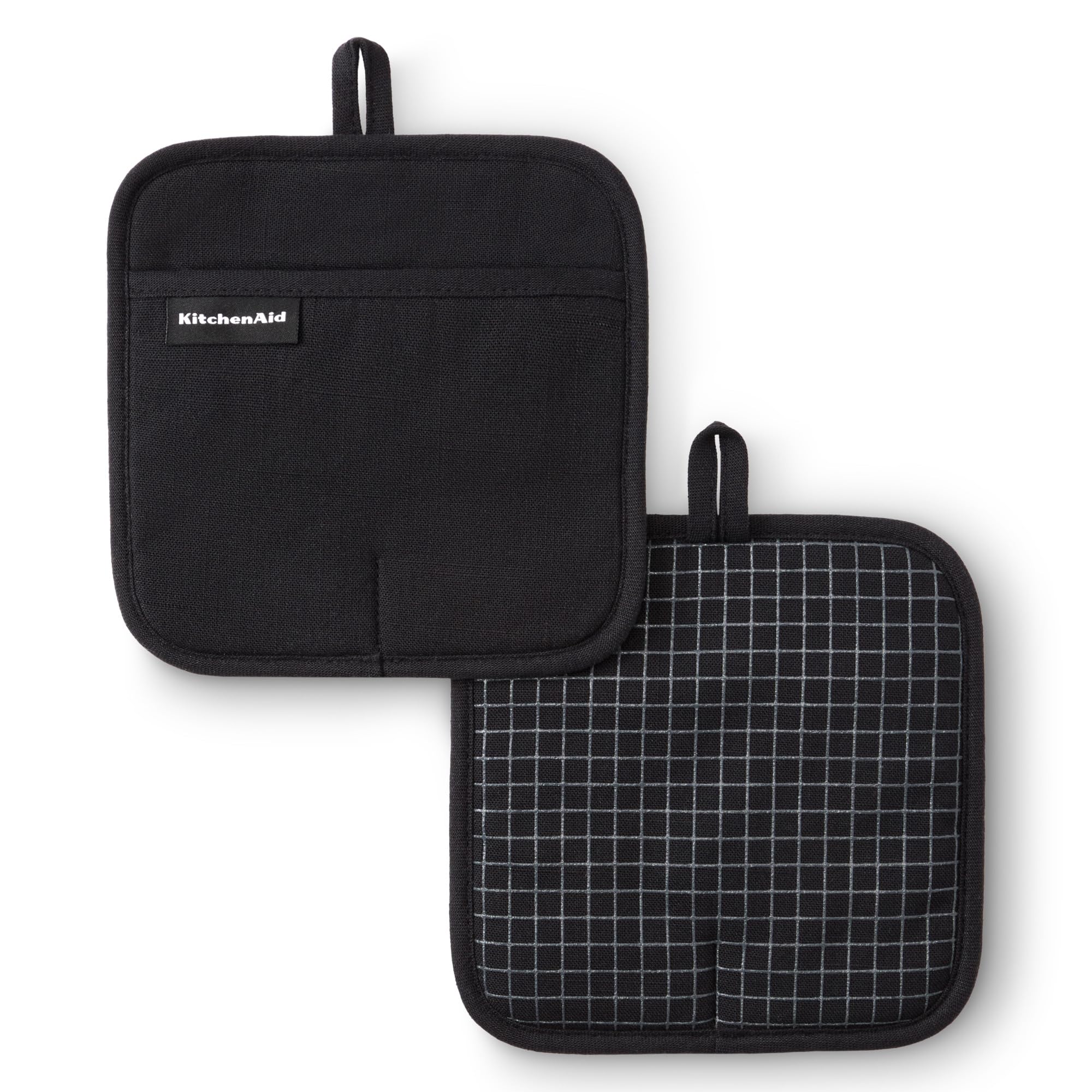 KitchenAid front packaging showing matte black pot holders and benefits