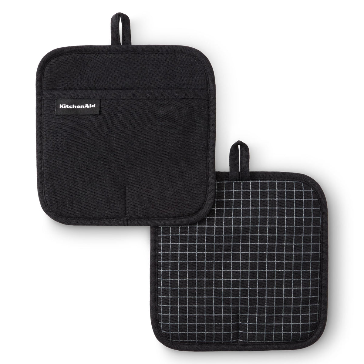 KitchenAid front packaging showing matte black pot holders and benefits