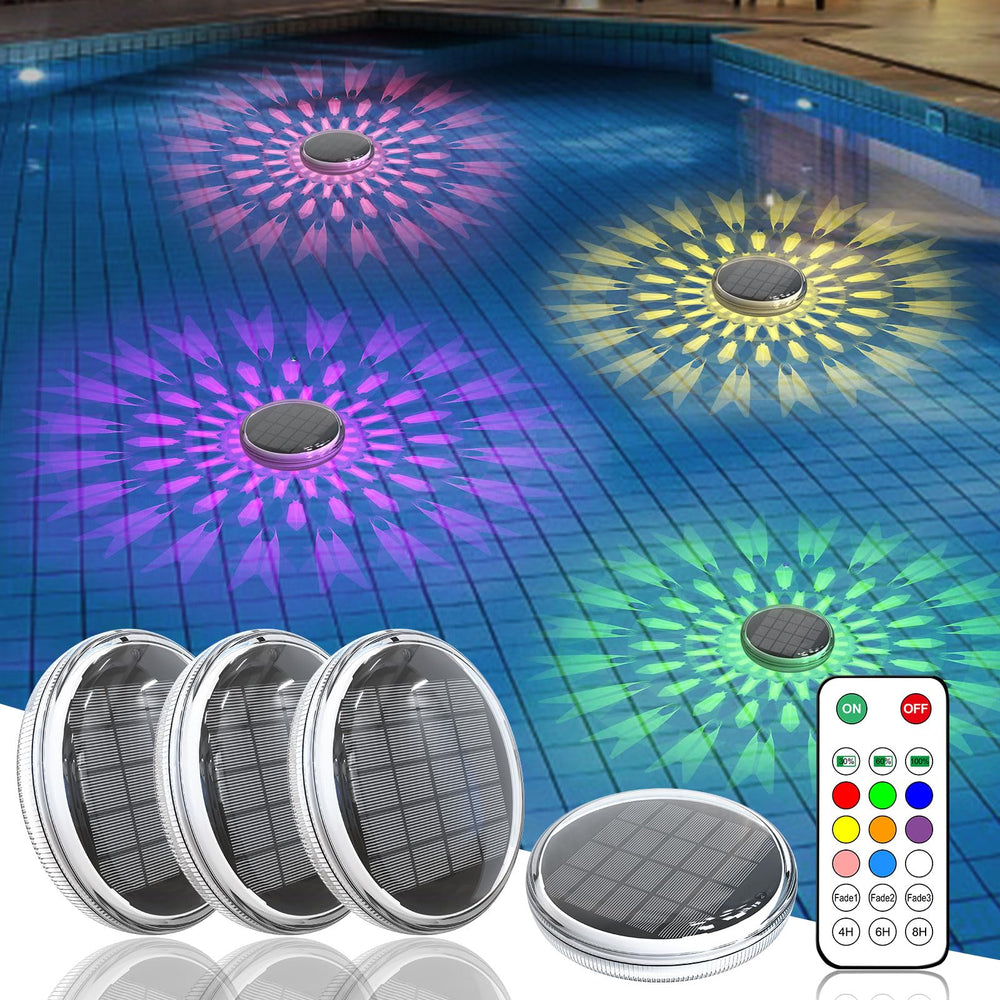 Kitloo floating pool lights front packaging showing four lights and remote, ideal for pool parties
