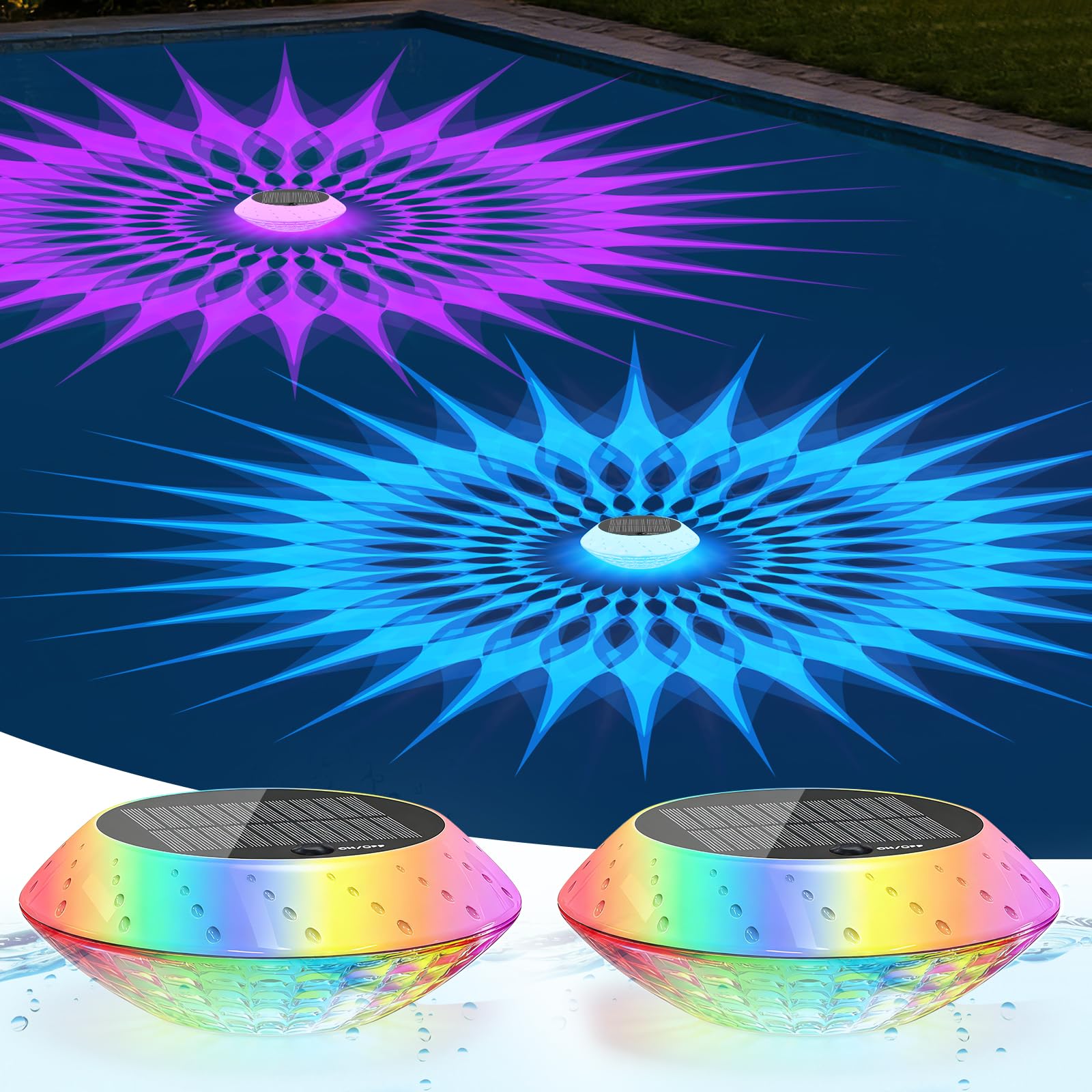 Kitloo front view of floating pool lights showing bright multi-color glow and ambiance