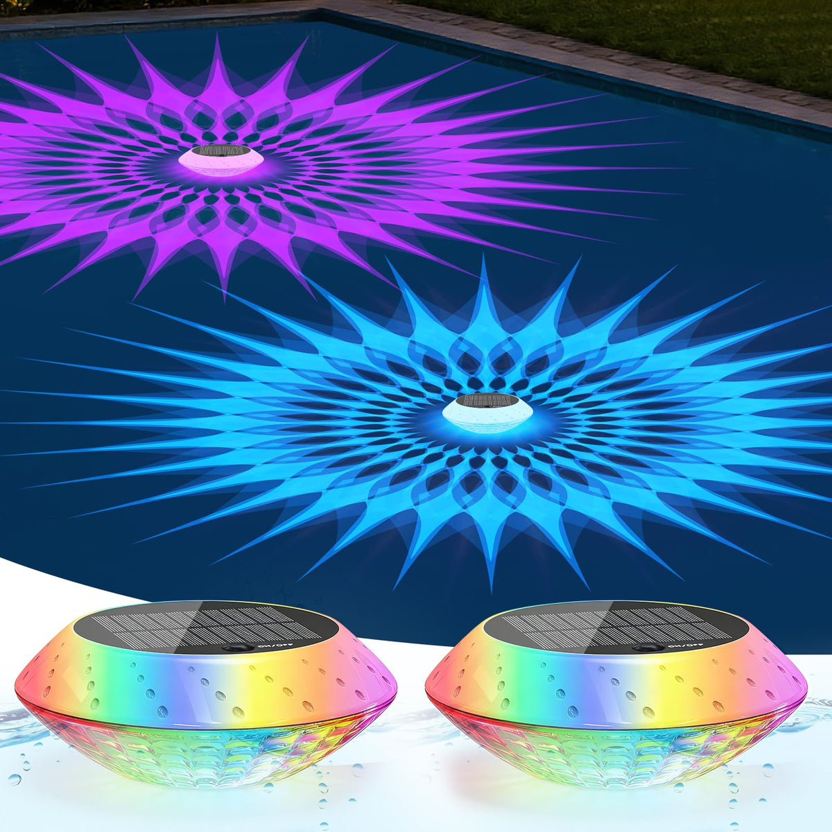 Kitloo front view of floating pool lights showing bright multi-color glow and ambiance