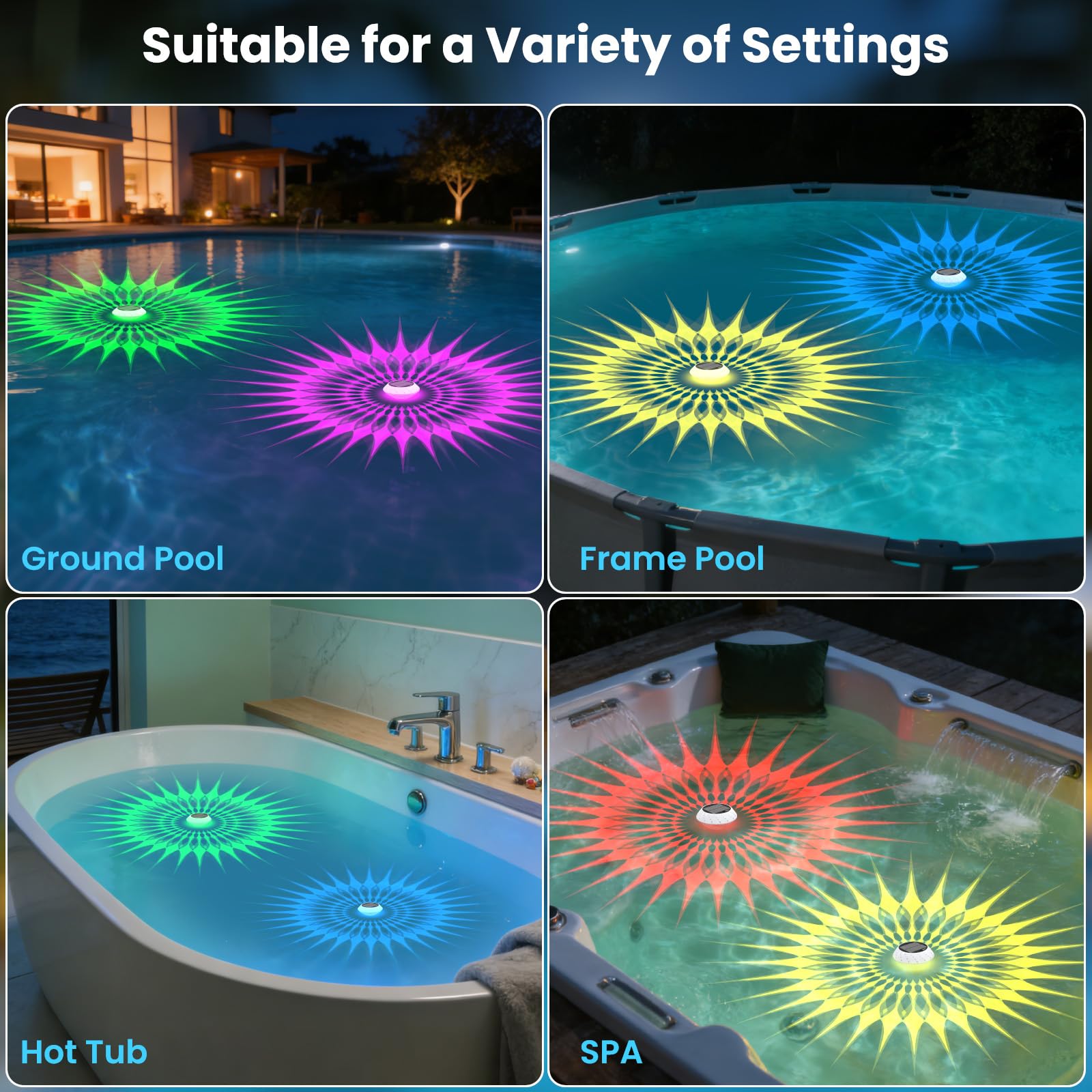 Kitloo lifestyle shot floating in pool with bokeh lights adding party-ready ambiance