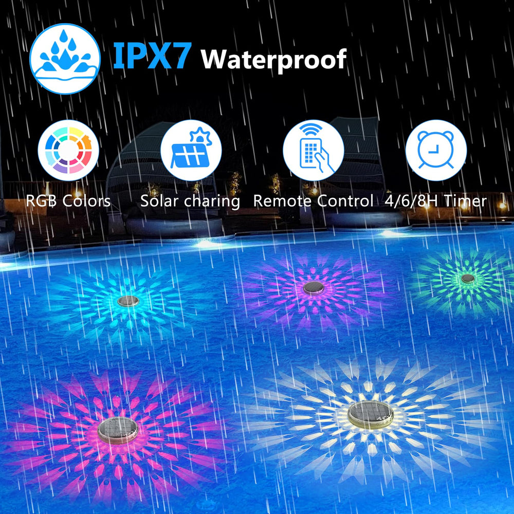 Kitloo lights floating on a pool at night creating colorful ambiance for outdoor gatherings
