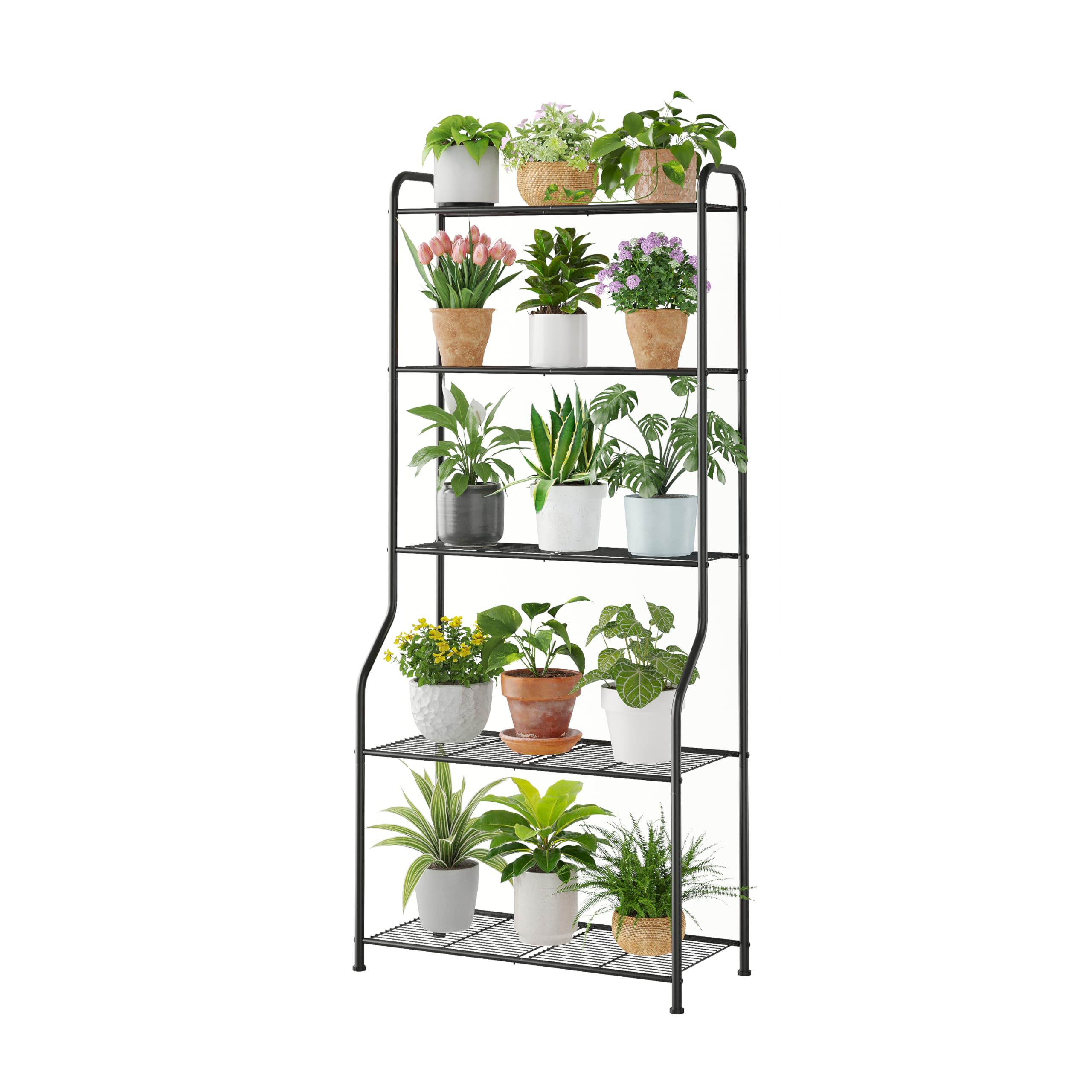 Kitsanery front view of 5-tier plant stand showing space-saving benefit