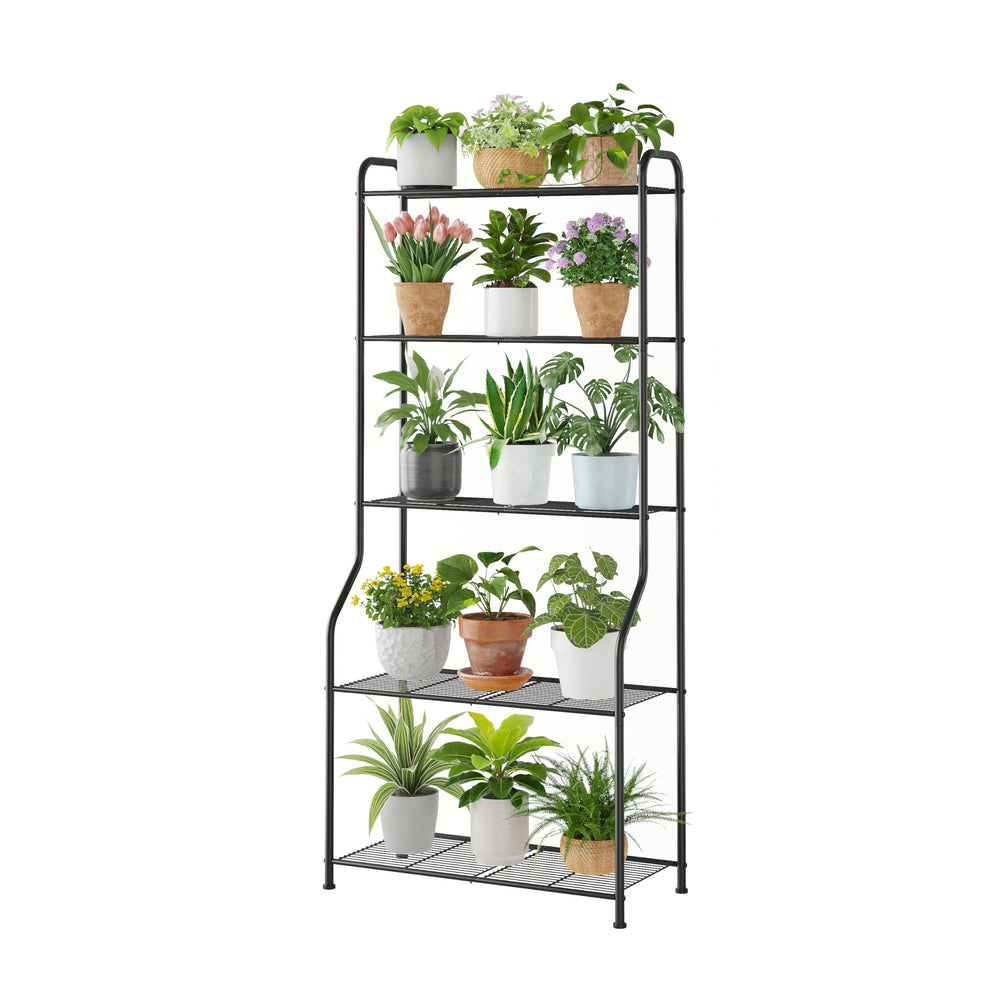 Kitsanery front view of 5-tier plant stand showing space-saving benefit