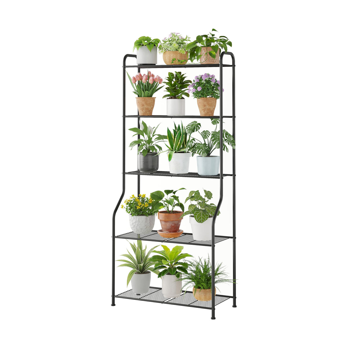 Kitsanery front view of 5-tier plant stand showing space-saving benefit