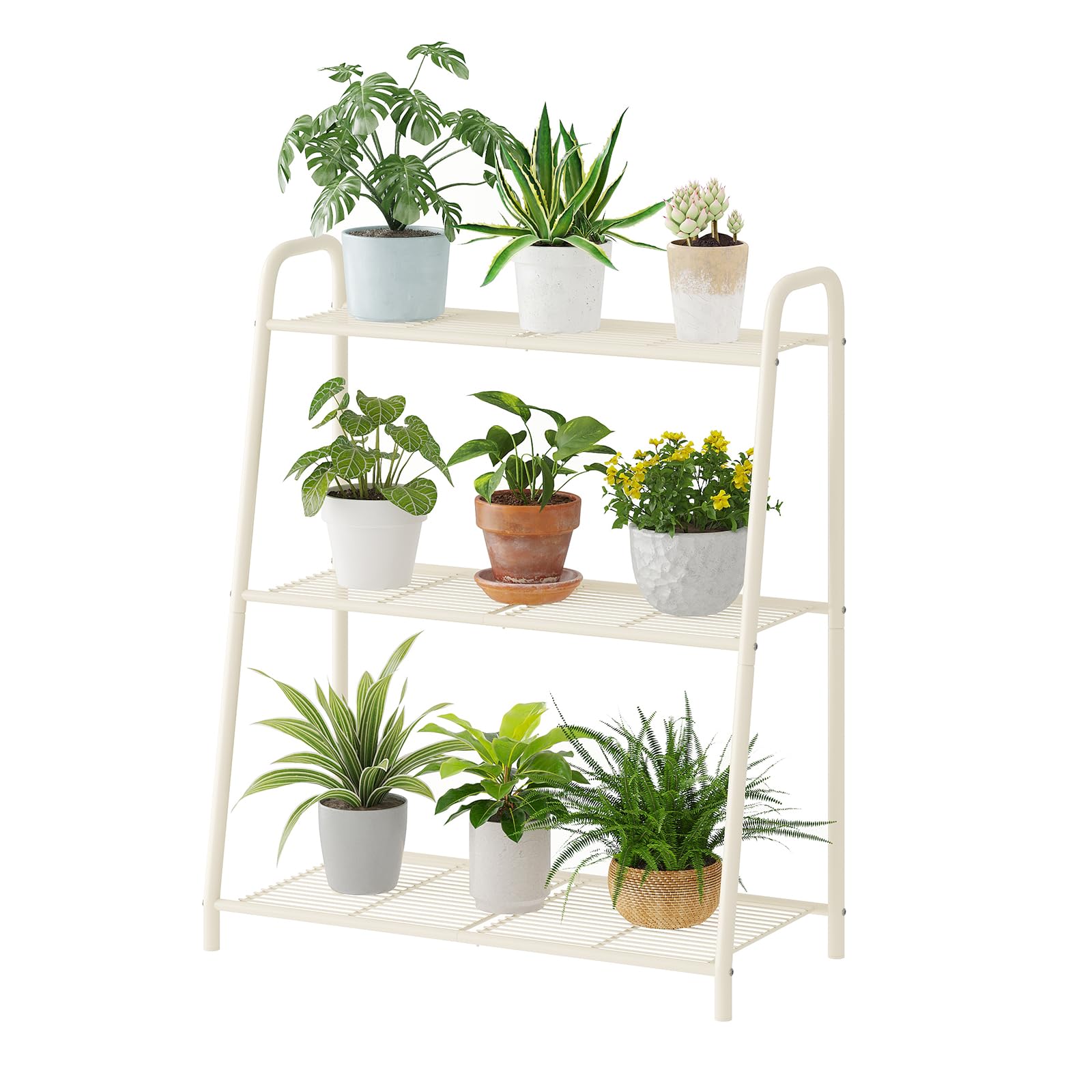 Kitsanery front view of white plant stand showing tiered display and space-saving benefit
