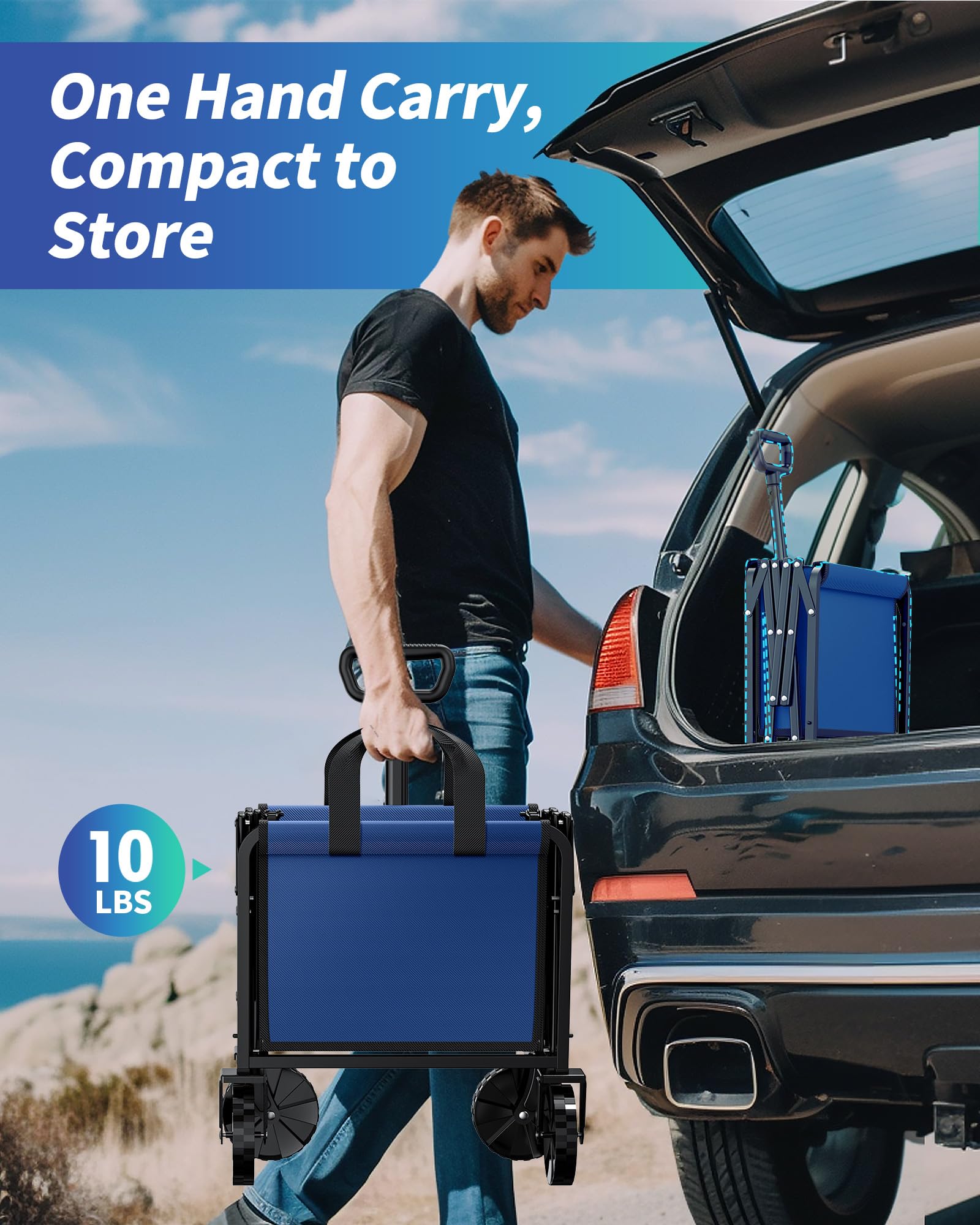 Kitsure folded wagon in car trunk for compact transport convenience