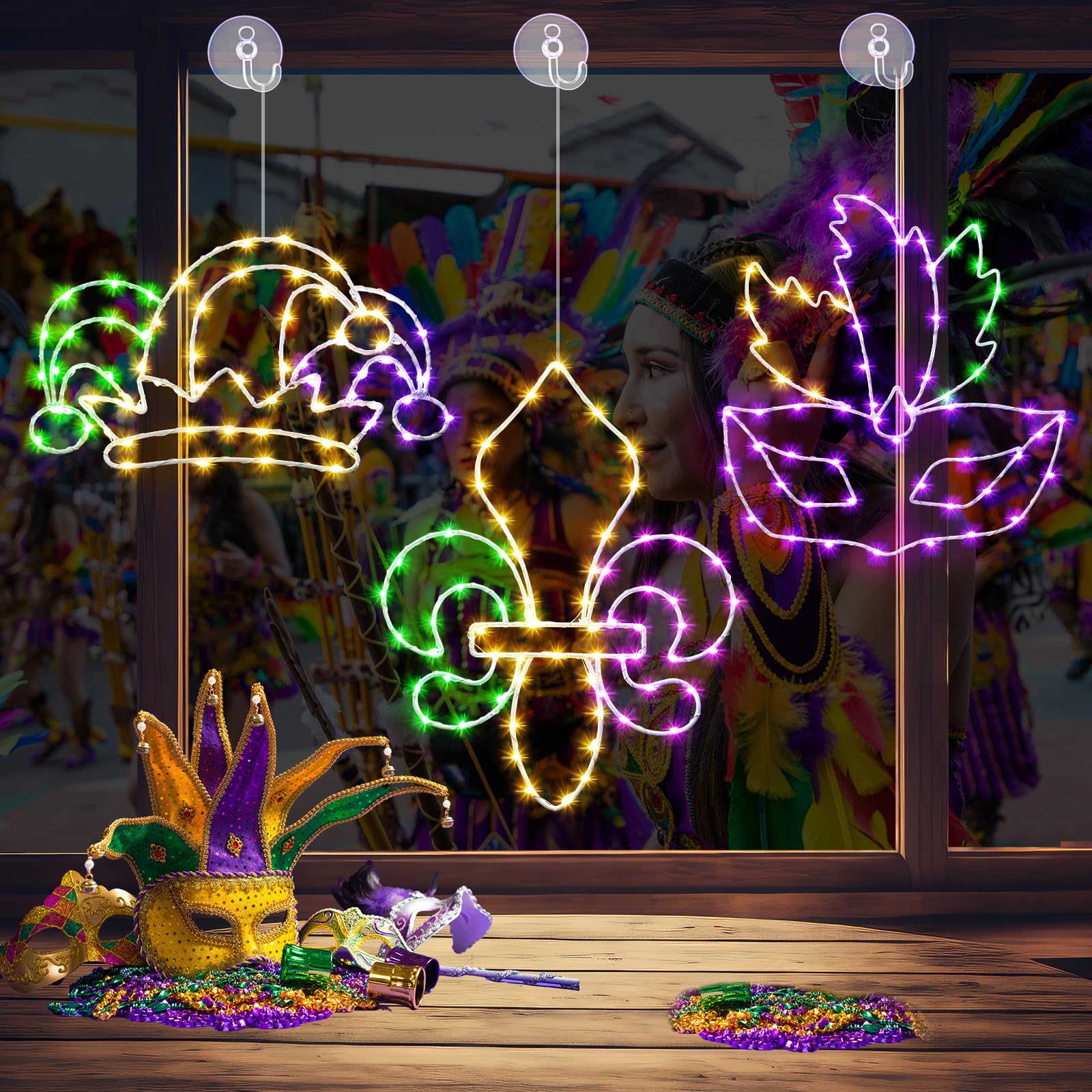 Kittmip front packaging showing three Mardi Gras window lights, easy setup