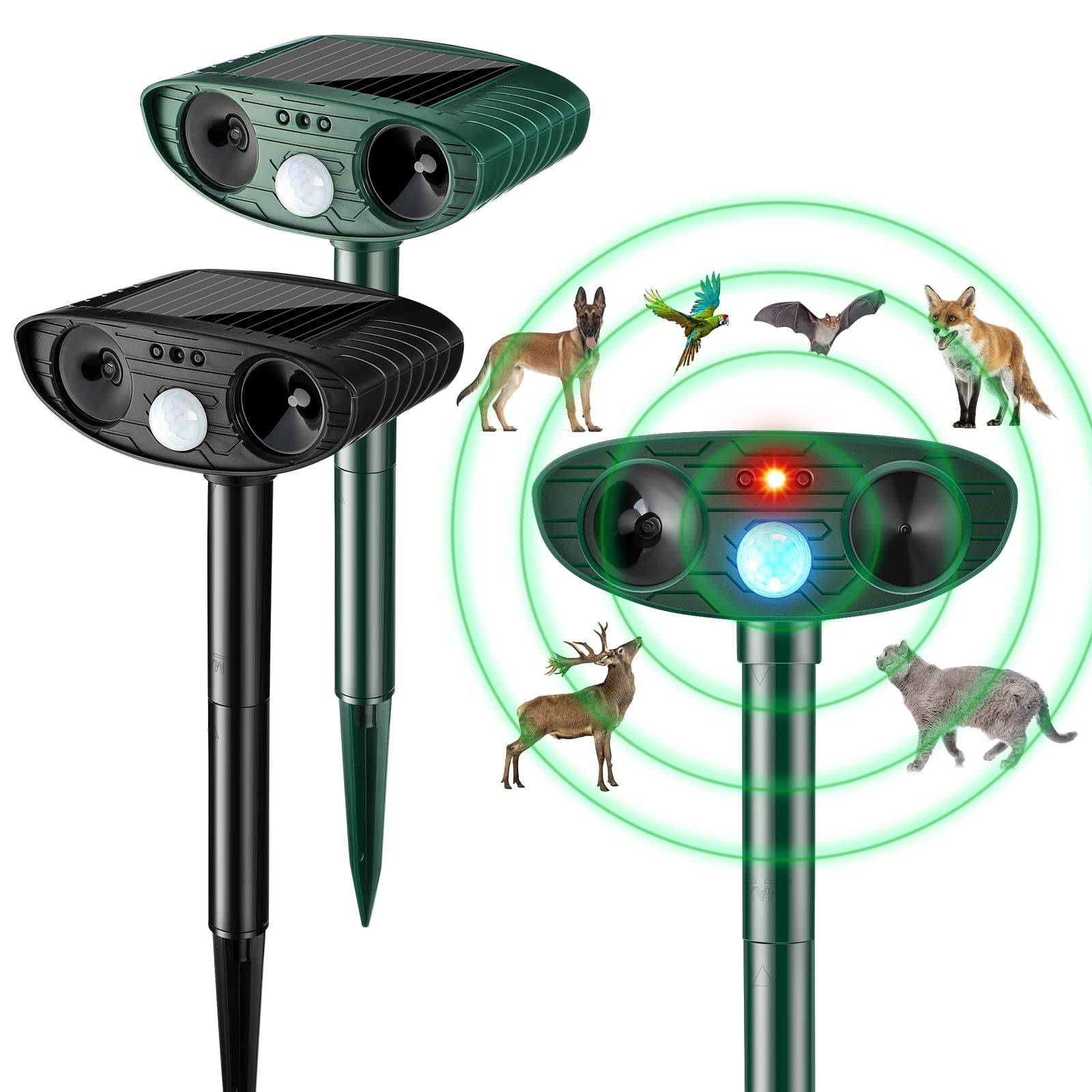 Kittmip front view of both repellers showing compact design and stakes for quick setup