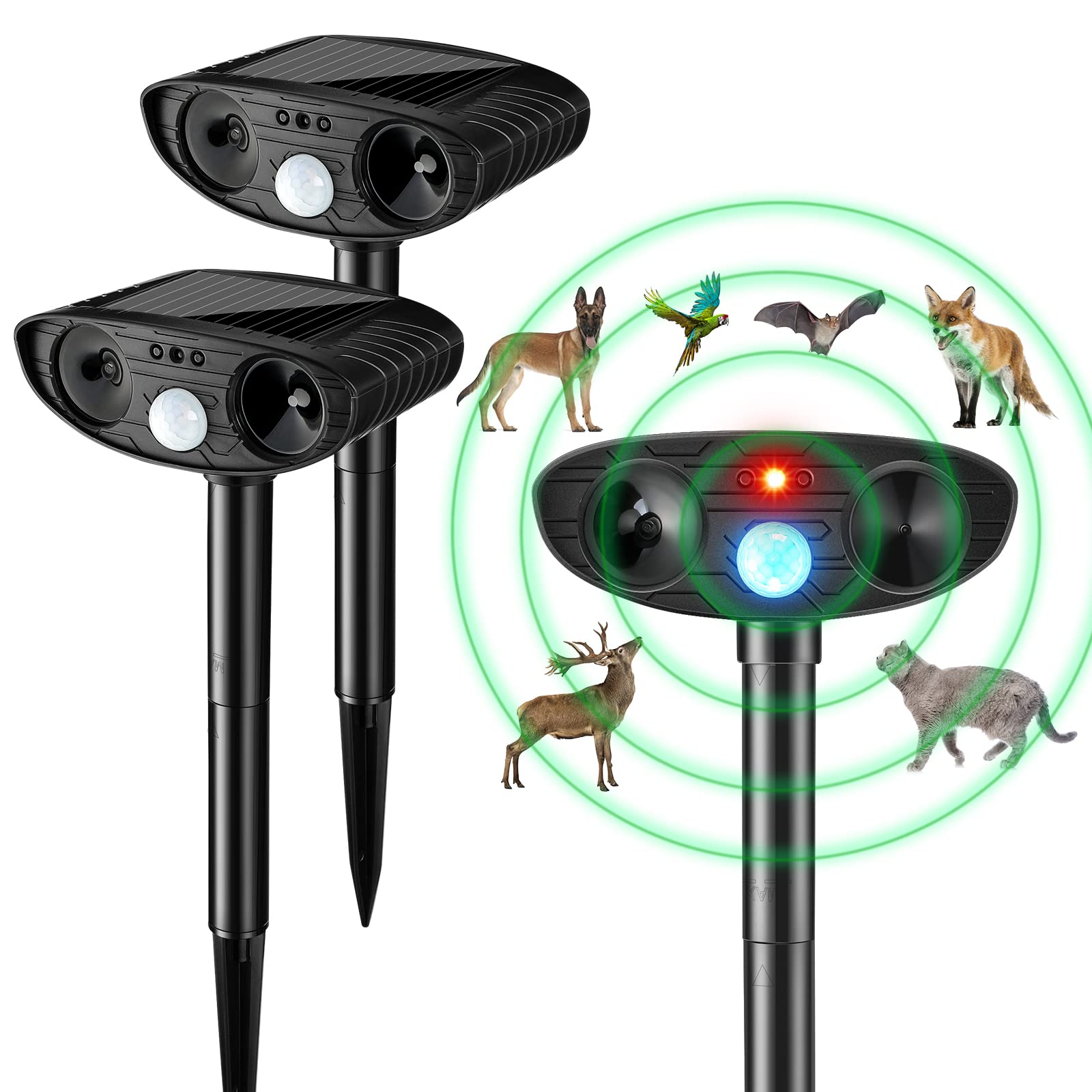 kittmip front view of two repellers showing stake and housing for quick yard protection