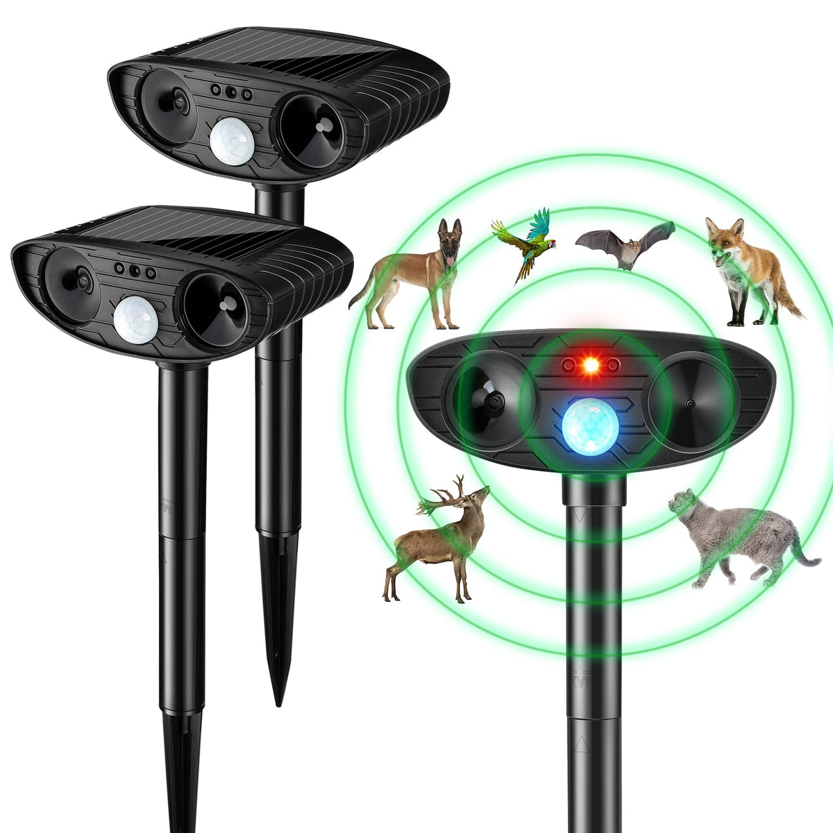 kittmip front view of two repellers showing stake and housing for quick yard protection