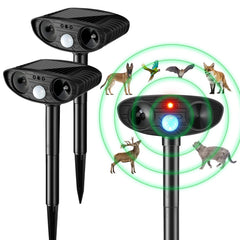 kittmip front view of two repellers showing stake and housing for quick yard protection