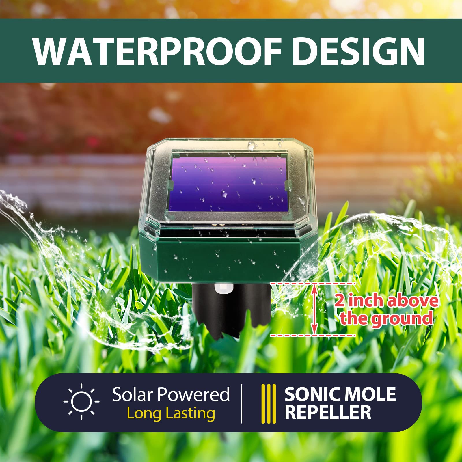 Kittmip stake shedding rain on IP65 housing, demonstrates weather resistance